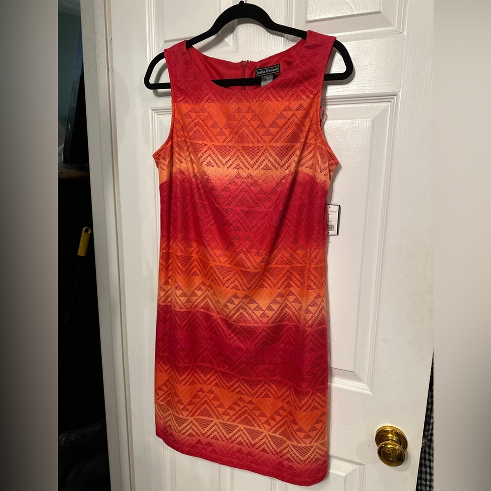 NWT Jessica Howard Size 12  Red Orange Women's Lace-Ombre Dress Geometric Lined